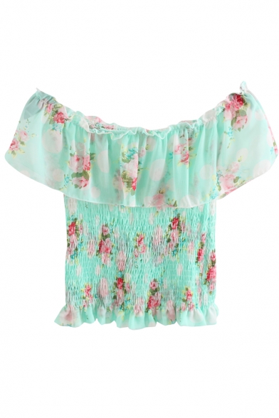 Floral Print Ruffled Off The Shoulder Chiffon Top