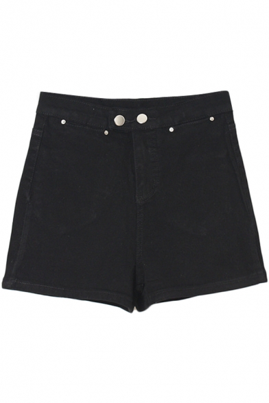 Hot Plain High Waist Denim Shorts with Button Details