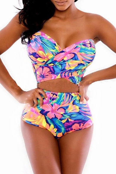 Multi Color Floral Print Bandeau Tie Back Swimsuits