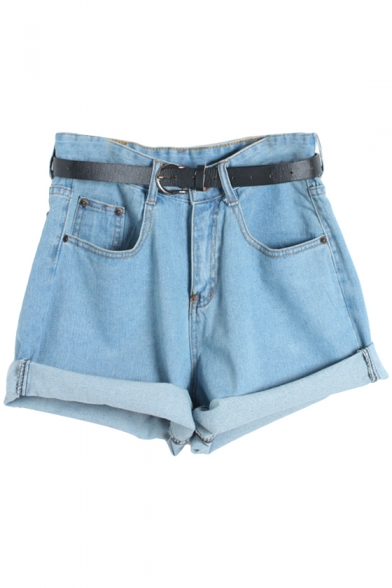 Plain Denim Oversize Belted Shorts in Loose Fit - Beautifulhalo.com