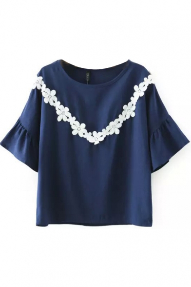 Round Neck Flare Sleeve with Lace Appliqued Tee