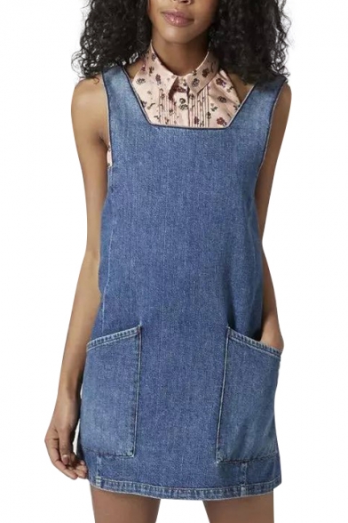 Square Neck Sleeveless Double Pocket Denim Dress - Beautifulhalo.com