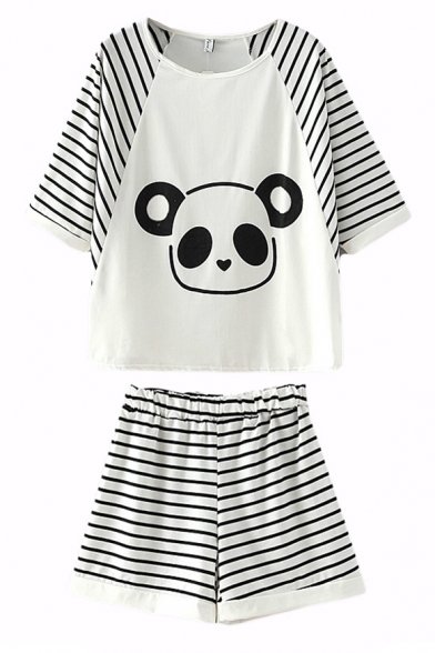 Striped 3/4 Sleeve Panda Top with Elastic Waist Shorts - Beautifulhalo.com