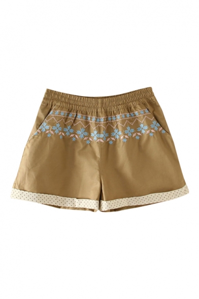 Tribal Floral Embroidered Elastic Waist Pockets Mid Rise Shorts