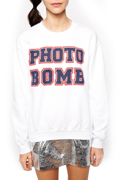 White Long Sleeve Photo Bomb Print Sweatshirt