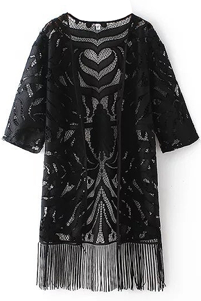 Black Lace Boho Long Sleeve Tassel Hem Kimono