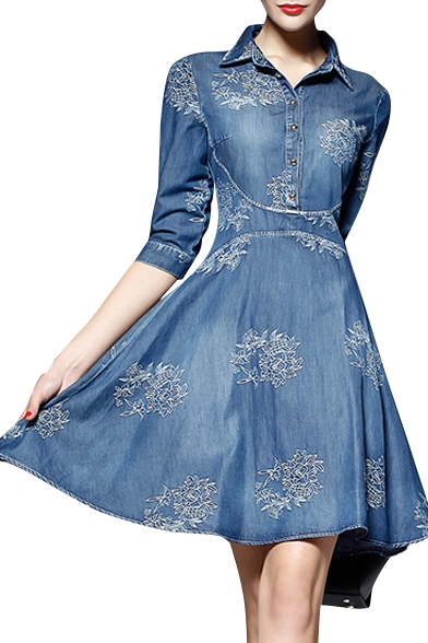 Blue 1/2 Sleeve Lapel Embroidered Denim A-line Mini Denim Dress