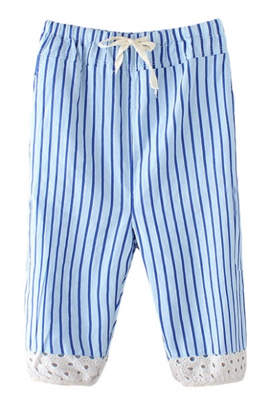 Blue Background Stripe Print Crocheted Hem Crop Pants