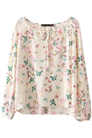 Colorful Butterfly Print Boat Neck Long Sleeve Blouse