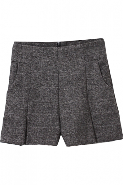 Dark Gray High Waist Cotton Shorts with Zip Fly