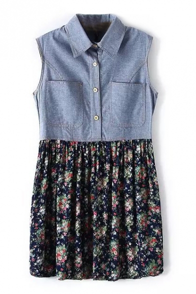 Denim Sleeveless Shirt and Flower Skirt Panel Dress