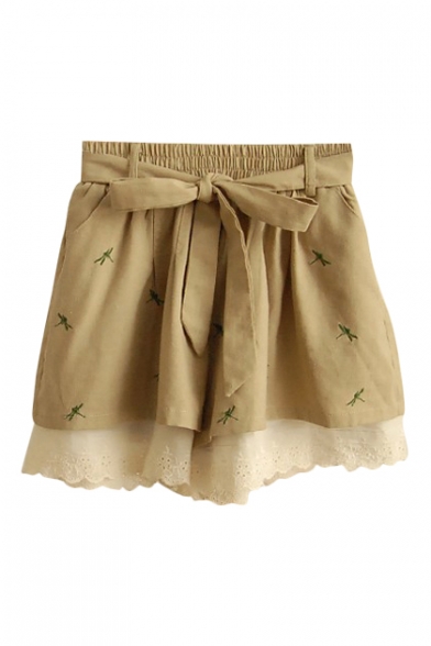 Dragonfly Embroidered Elastic Waist Belted Lace Shorts