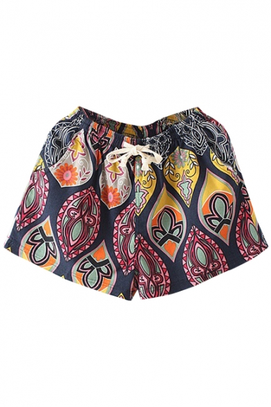 Ethnic Print Loose Drawstring Waist Hot Shorts