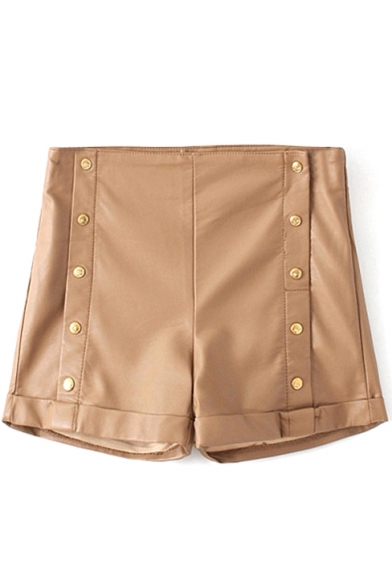 Khaki Plain Buttons PU High Waist Shorts