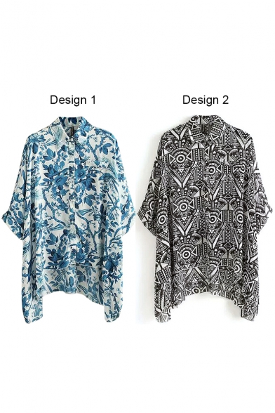 Mono Tribal Print 1/2 Sleeve Asymmetric Hem Shirt