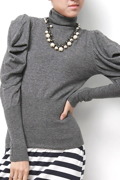 Plain High Neck Puff Long Sleeve Knitted Sweater