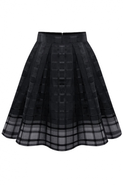 Plain Plaid High Waist Mesh Insert Midi Skirt