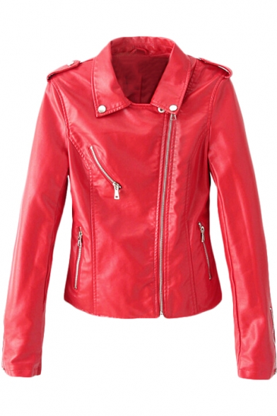 Red Cool Style Inclined Zipper Fly Lapel Motorcycle PU Jacket