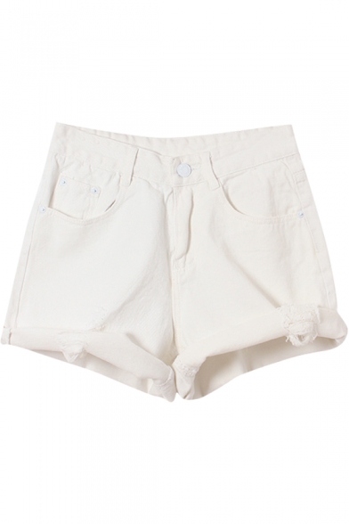 Simple White High Waist Hot Cuffed Denim Shorts
