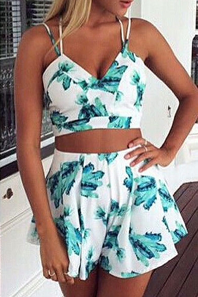 Summer Green Plants Print V-Neck Camis with Culottes Co-ords