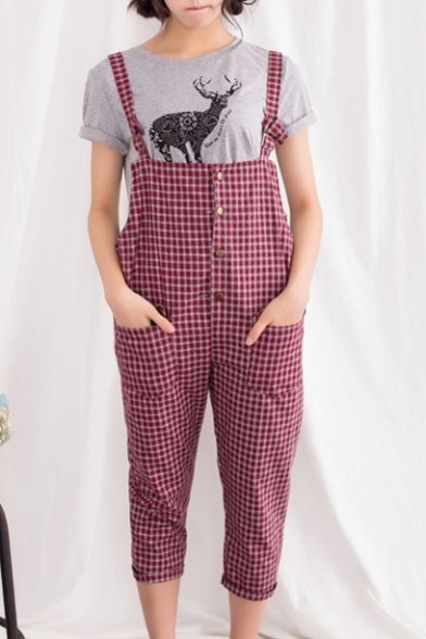 Vintage Gingham Pattern Varsity Style Overalls with Double Pockets