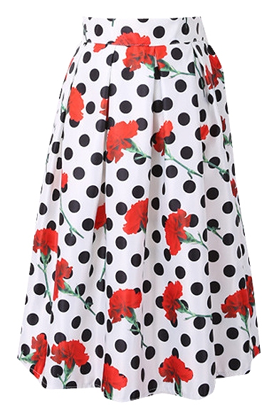 White Background Red Flower Black Polka Dot A-line Skirt