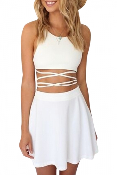White Halter Two Piece in One Cross Back Dress