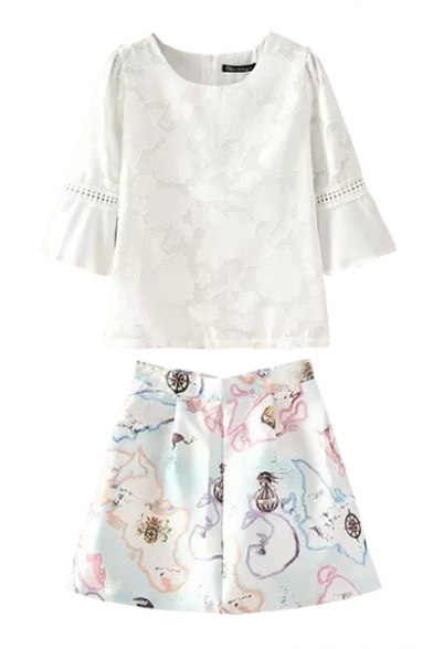 White Plain 3/4 Sleeve Top with High Waist Print Skirt