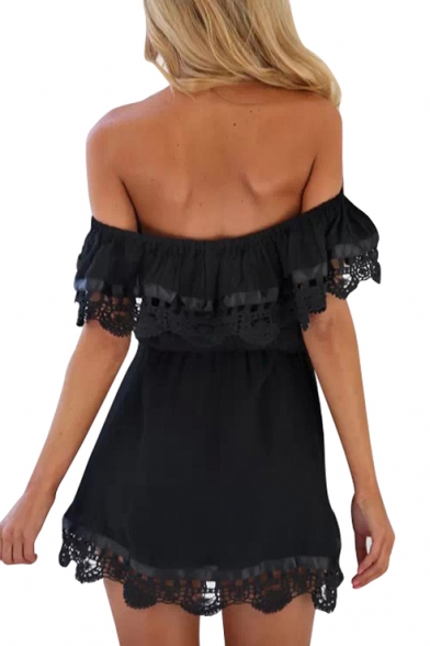 Black Off the Shoulder Lace Trimmed A-Line Dress - Beautifulhalo.com