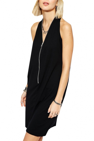 Black V-Neck Zipper Cutout Sleeveless Dress