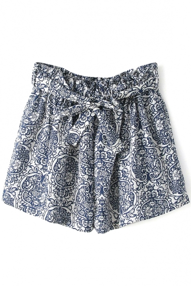 Blue And White Porcelain Belted Loose Shorts