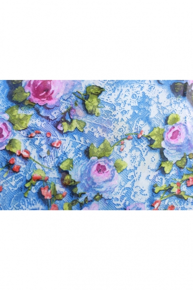 Blue Lapel Sleeveless Floral Print Button Down Top