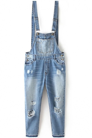 Blue Light Wash Cold Knees Pockets Overall Jeans