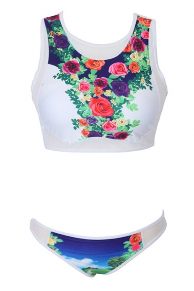 Crop Tank Top White Filed Flower Print Swimwear
