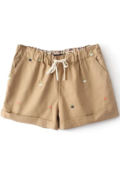 Khaki Apple Embroidered Drawstring Waist Shorts