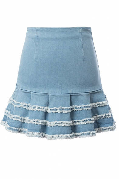 Light Blue Bodycon Pleated Tassel Hem Denim Skirt