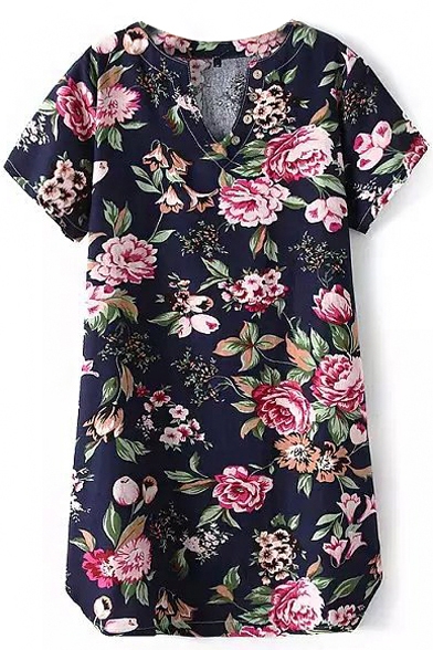 Navy Short Sleeve V-Neck Blossom Print Vintage Style Dress