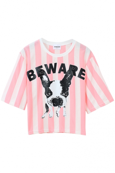 Pink Striped Dog Print Short Sleeve Tee
