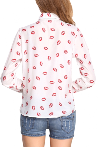 Red Lips Print Long Sleeve Chiffon Shirt