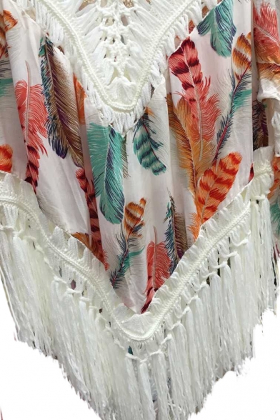 V-Neck 3/4 Sleeve Feather Print Tassel Loose Cover-Up
