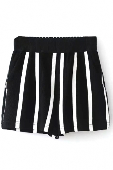 Vertical White Stripe High Waist Loose Black Shorts