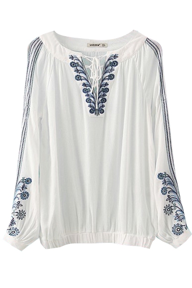 White Embroidered Long Sleeve Tied Front Blouse