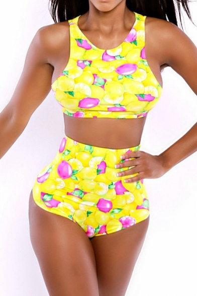 Yellow Round Neck Fruit Print High Waist Swimwear