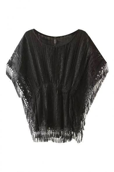 Batwing Sleeve Tassel Trim Lace Round Neck Blouse