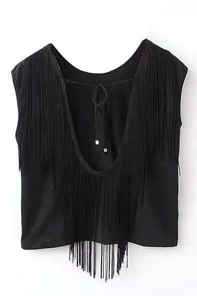 Black Back Tassel Cutout Crop Sleeveless T-Shirt