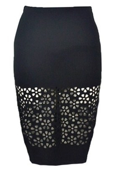 Black Crochet Cutout Elastic Midi Skirt