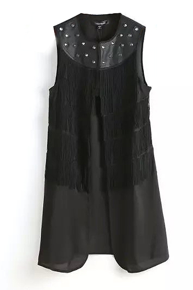 Black PU Studded Tassel Trimmed Sleeveless Tunic Shirt