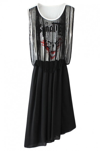 Black Sleeveless Skull Tassel Top Asymmetric Hem Dress