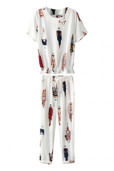 Character Print Top with Drawstring Pants Co-ords