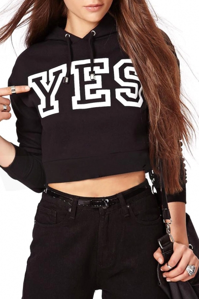 Letter Yes Print Long Sleeve Crop Hooded Pullover